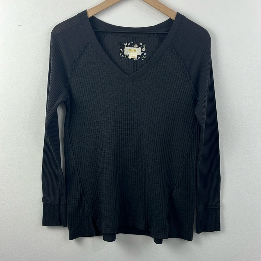 Maeve Anthropologie Pearson Waffle Knit Vneck Black Thermal Top Womens Size S